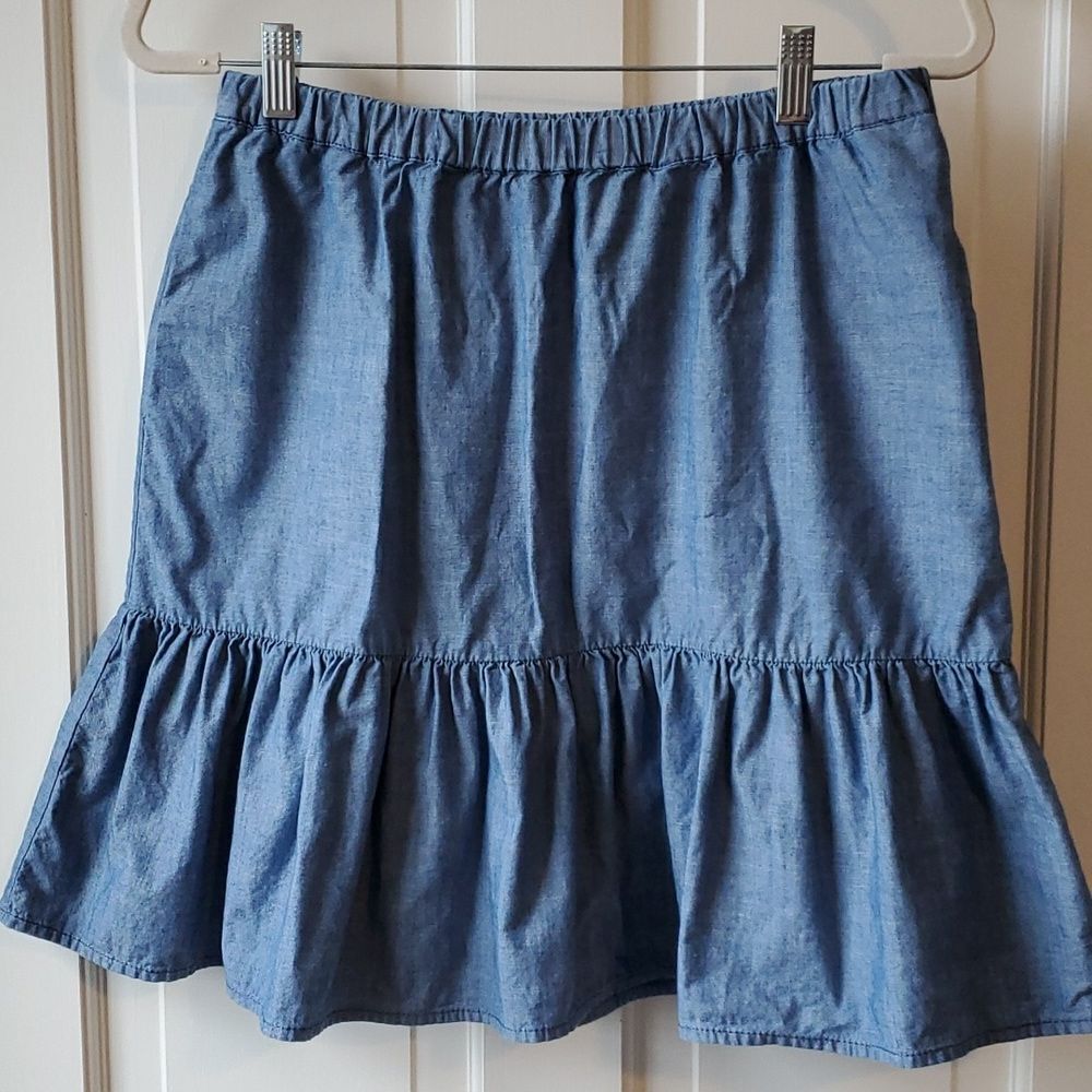 TOMMY HILFIGER BLUE CHAMBRAY COTTON TIERED RUFFLE MINI SKIRT POCKETS SIZE 10